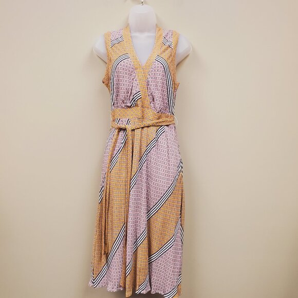 Anthropologie Maeve Midi Dress 4P Carla Yellow Geometric Midi Wrap Tie Waist - Picture 2 of 11